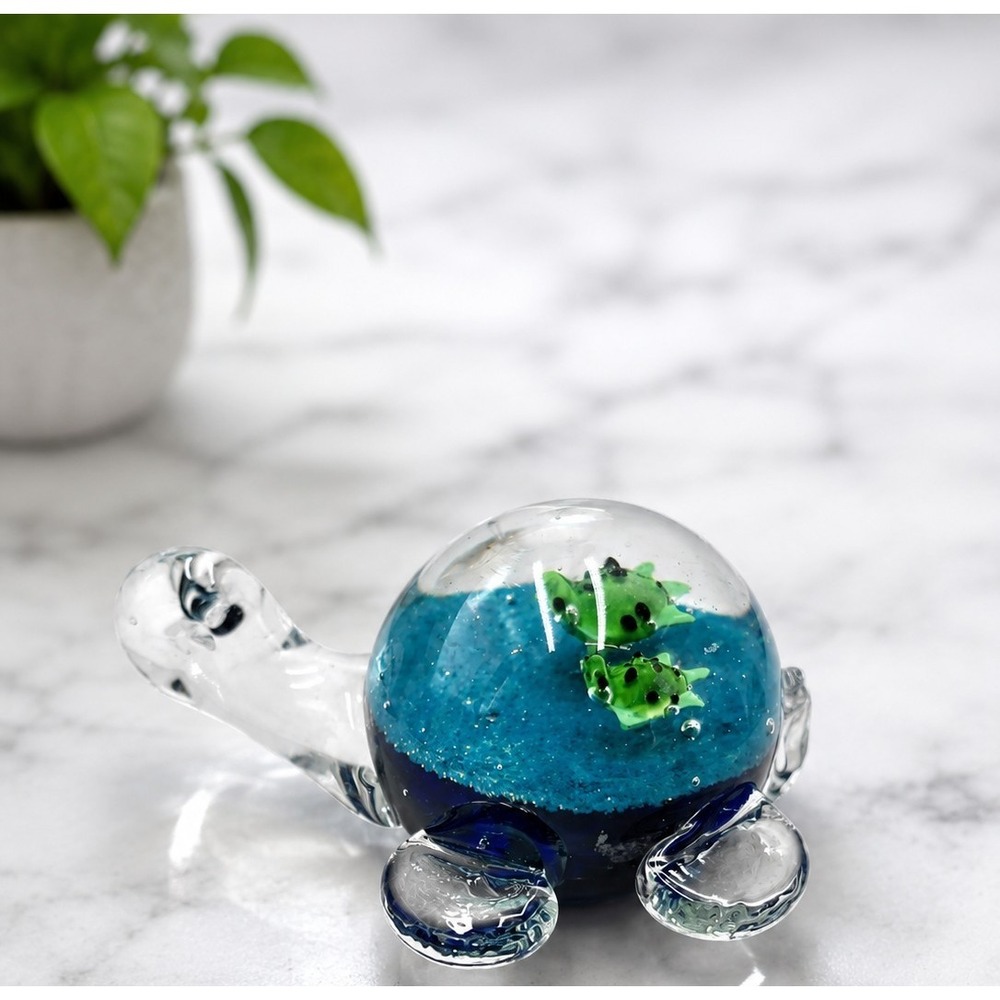 Vintage Hand Blown Art Glass Turtle Figurine Blue Aquarium Paperweight Coastal